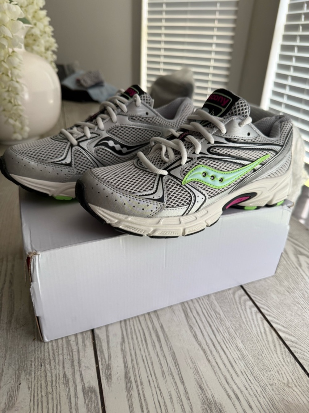 Saucony Silver Mesh Running Sneakers with Neon Green and Pink Accents